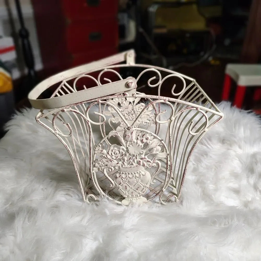 Shabby Chic VTG Metal Embossed Floral Vase Motif & Scrollwork Detailing Basket